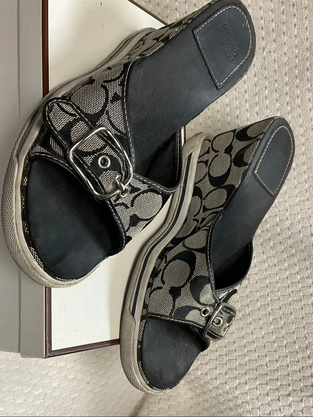 Coach Black and Tan Canvas Signature Slide Mules with Buckle Detail